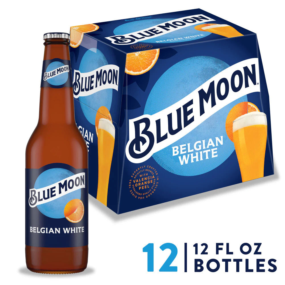 Blue Moon Belgian White Wheat Ale, 5.4% ABV, beer bottles