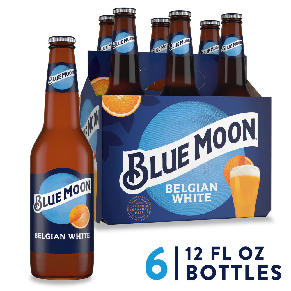 Blue Moon Belgian White Wheat Ale, 5.4% ABV, beer bottles