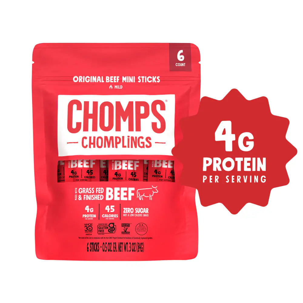 CHOMPLINGS Grass-Fed and Finished Original Mini Beef Meat Sticks, 6 Count