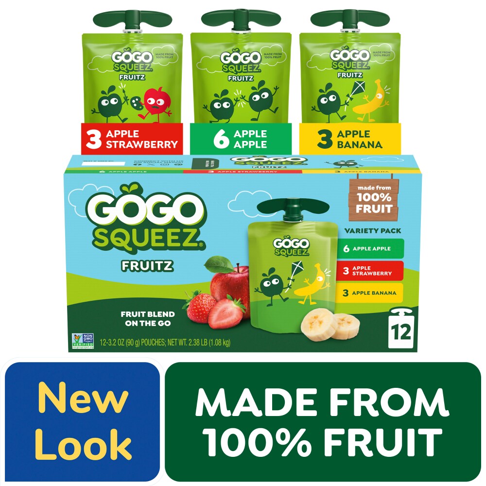 GoGo squeeZ No Sugar Added Apple Banana Strawberry Applesauce & Fruit Puree Pouches 12 Ct