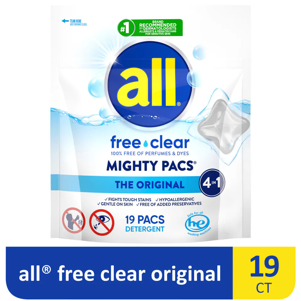 ALL Mighty Pacs With Stainlifters Free & Clear Laundry Detergent Pods 19 Ct